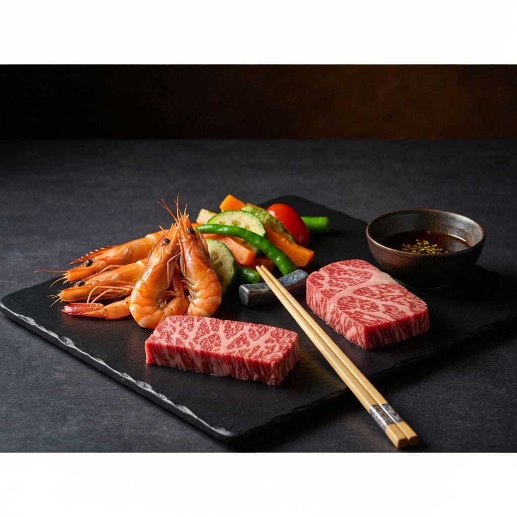 Premium Japanese teppanyaki food spread including wagyu beef, king prawns and mixed vegetables on a dark slate board