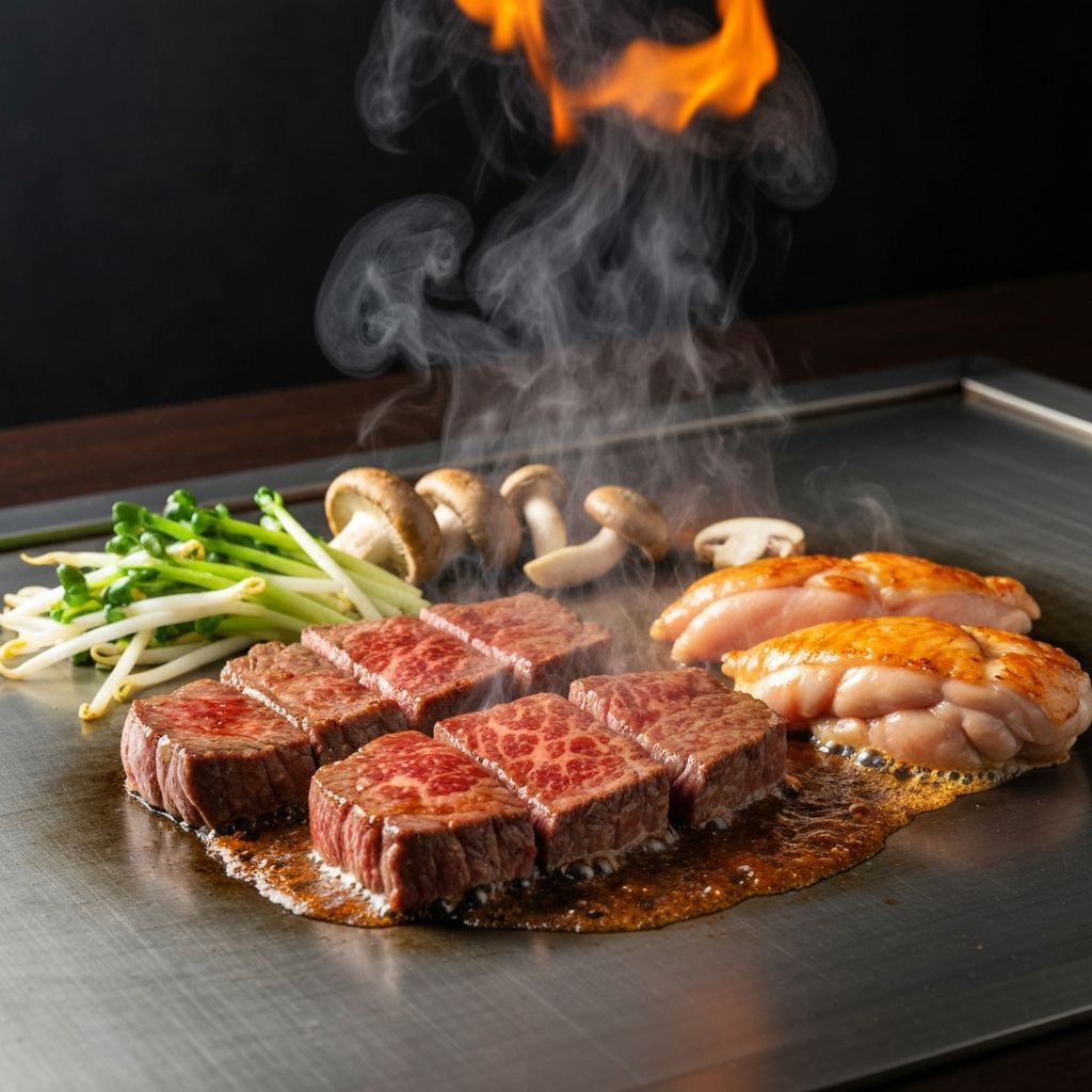 Wagyu beef slices and chicken tenderloins sizzling on a teppanyaki grill with mushrooms and bean sprouts