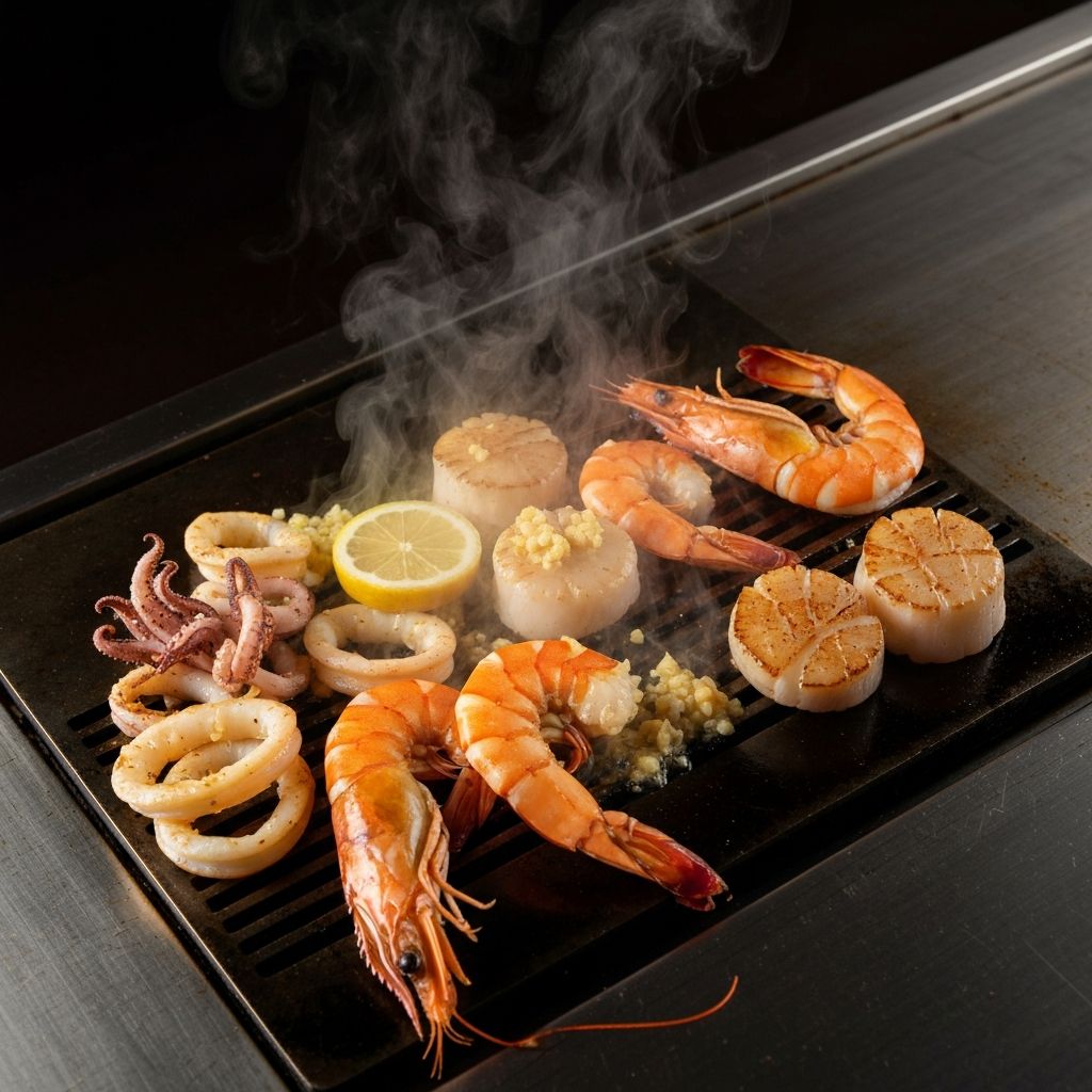 Sizzling tiger prawns, scallops and calamari cooking on a hot teppanyaki grill with garlic butter and steam
