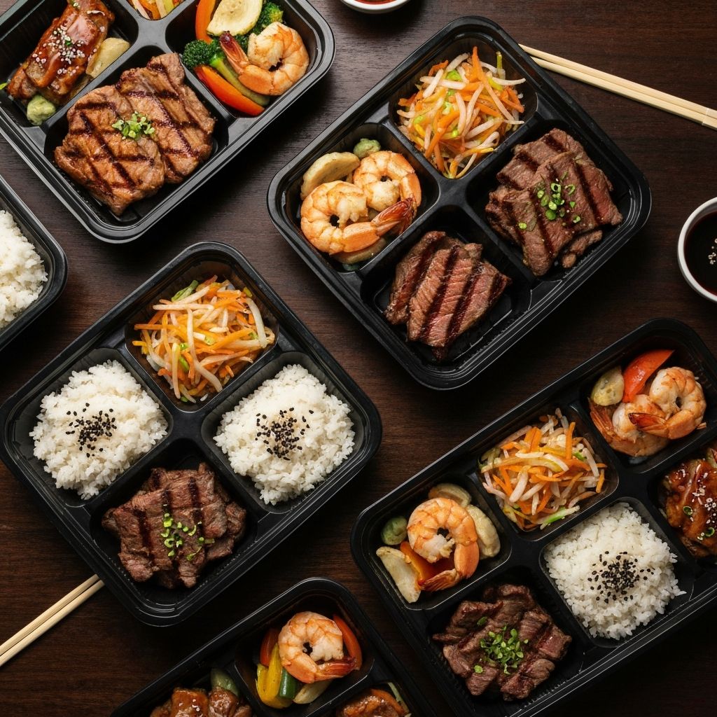 Japanese teppanyaki takeaway bento boxes filled with grilled meats, prawns, rice and vegetables